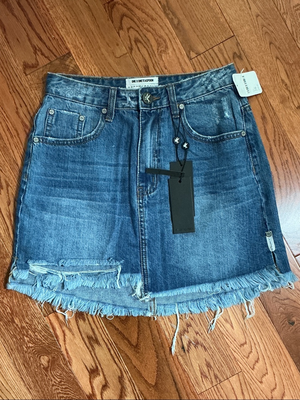 One Teaspoon Blue Frayed Hem Distressed Denim Mini Skirt